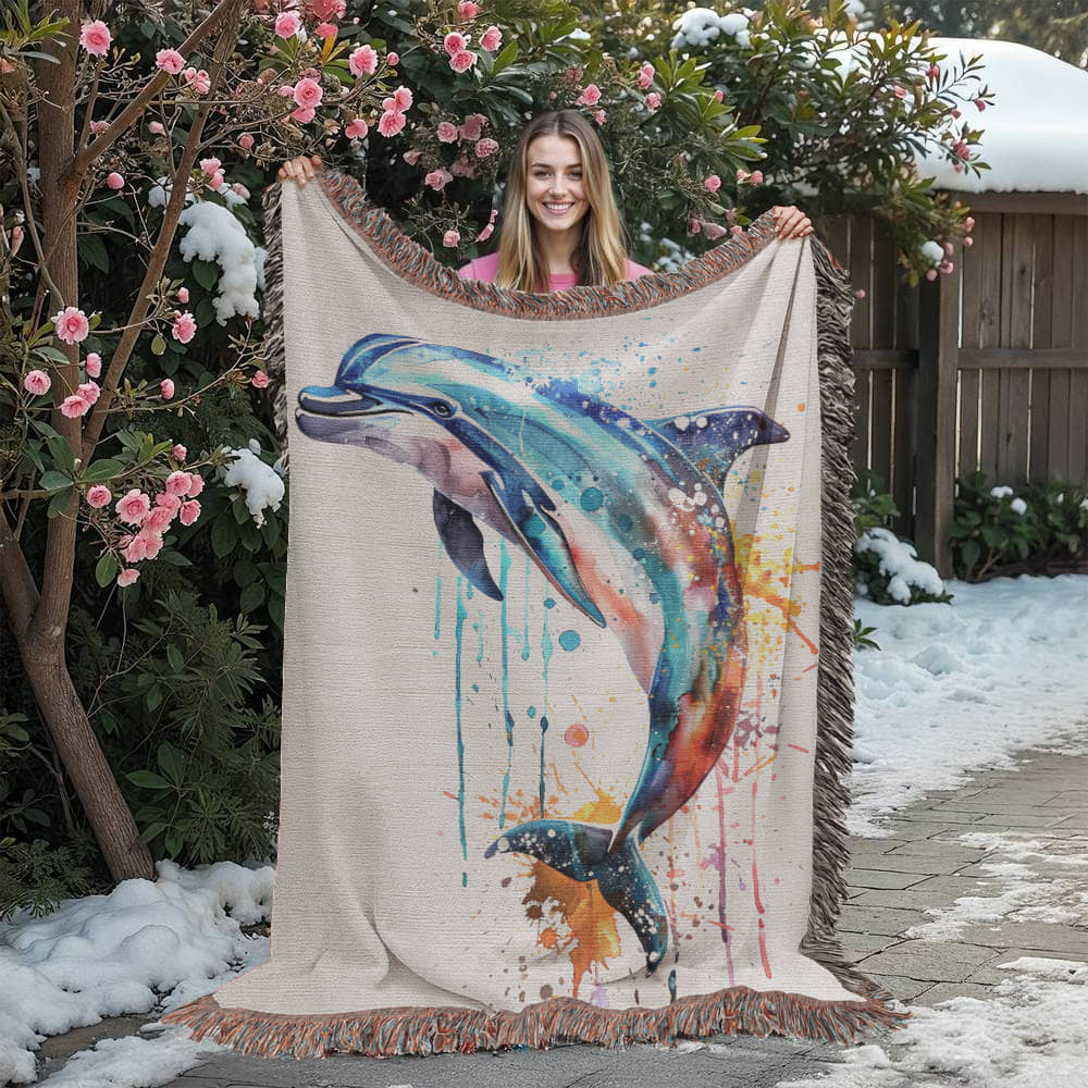 Tidewater Woven Blanket – Watercolor Dolphin in Motion