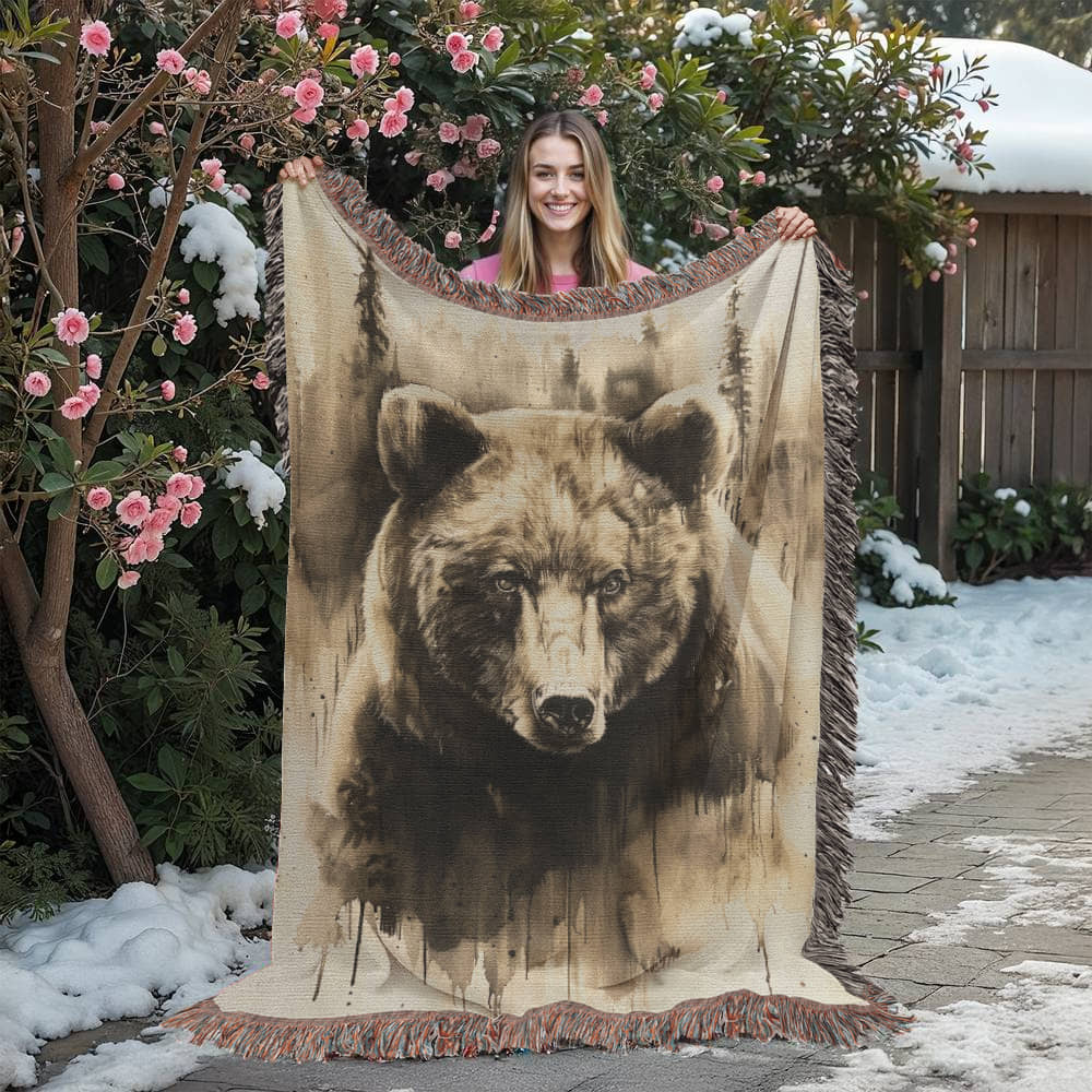 Forest Watcher Woven Blanket – Watercolor Bear in Woodland Mist