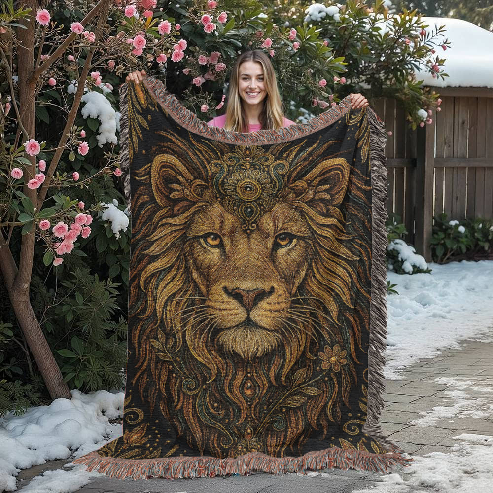Beaded Lion Blanket – Spiritual Strength & Regal Bohemian Tapestry Throw