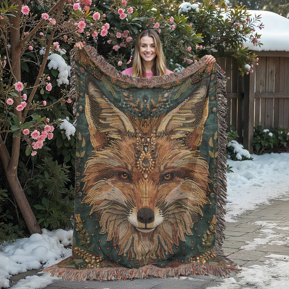 Boho Beaded Fox Blanket – Intricate Woven Art with Forest Green Background | Rustic Animal Decor Throw