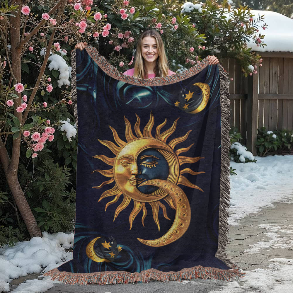 Embossed Sun & Moon Blanket – Celestial Woven Throw | Cosmic Boho Decor by Lace & Grit