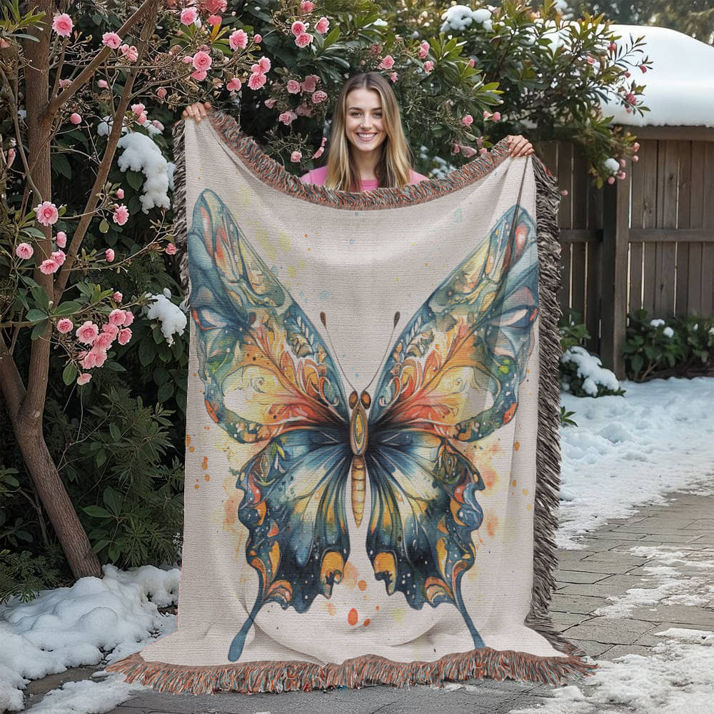 Metamorph Woven Blanket – Watercolor Butterfly in Motion