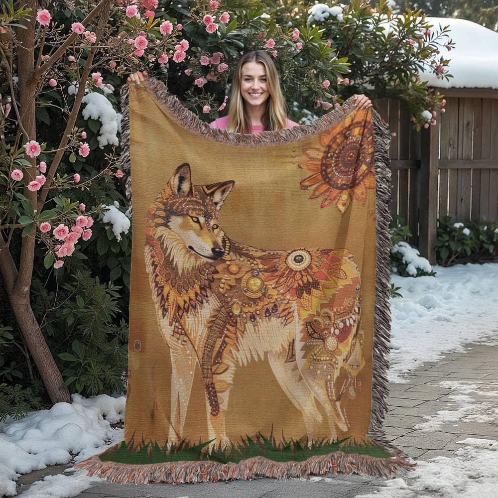 Beaded Look Spirit Wolf - Woven Throw Blanket