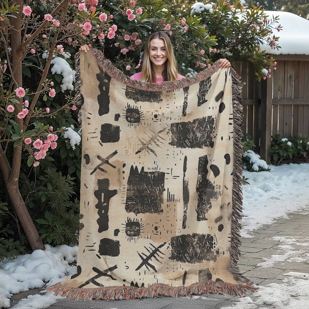 Nomad Script Woven Blanket – Primitive Abstract Boho Throw