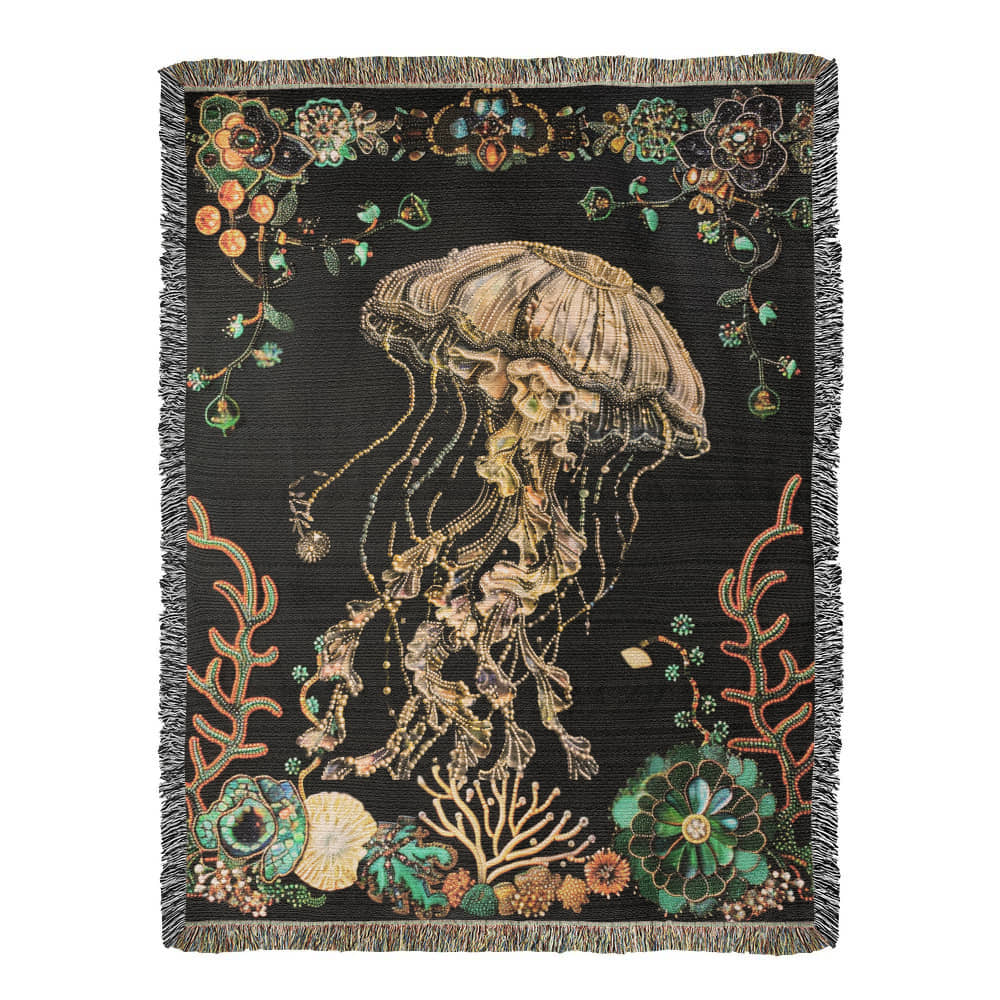 Beaded Look Jellyfish Blanket – Ocean-Inspired Woven Throw | Undersea Boho Decor by Lace & Grit