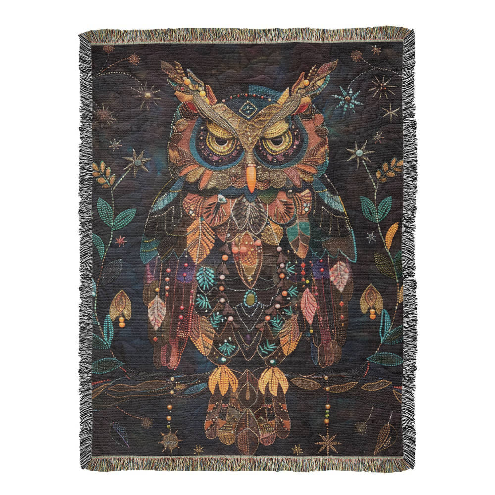 Boho Owl Woven Blanket – Beaded Look Design with Celestial Forest Accents
