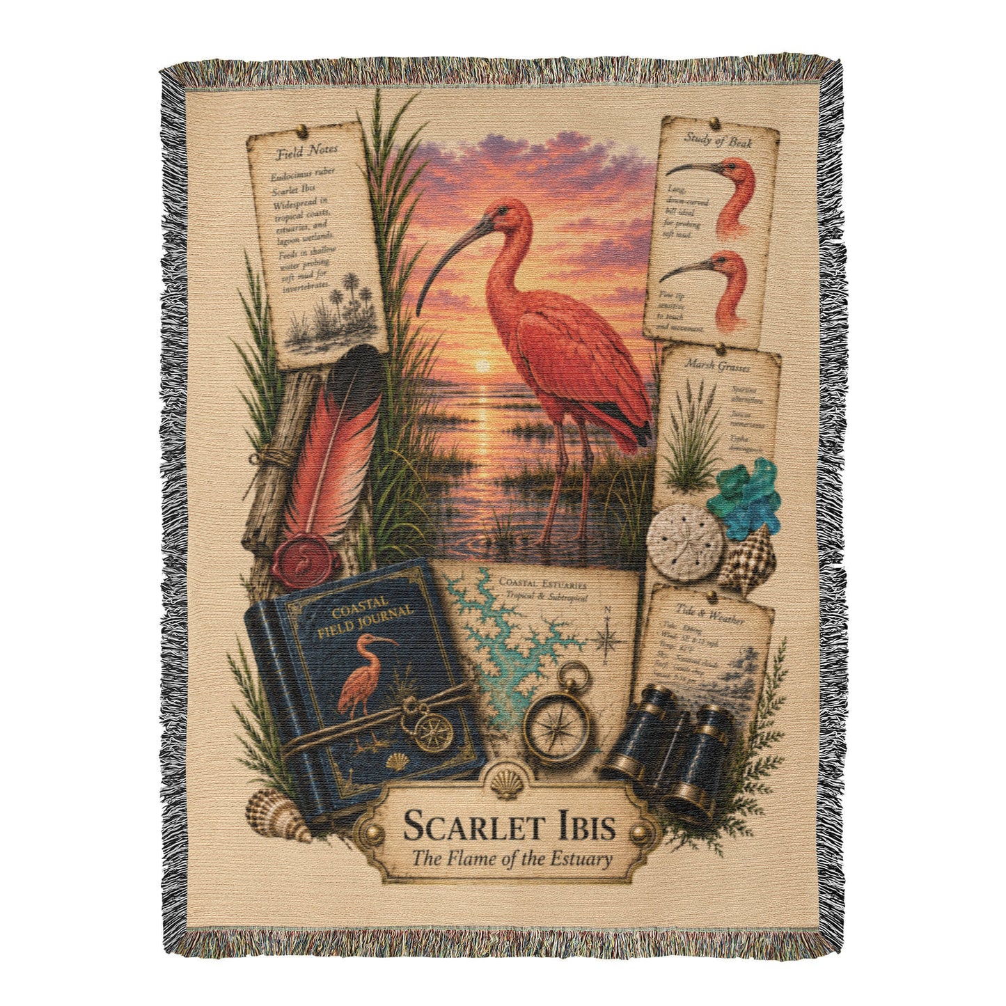 Scarlet Ibis Woven Throw Blanket | Coastal Bird Decor | Cotton Tapestry Throw | Naturalist Journal Gift