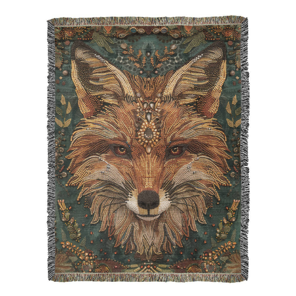 Boho Beaded Fox Blanket – Intricate Woven Art with Forest Green Background | Rustic Animal Decor Throw