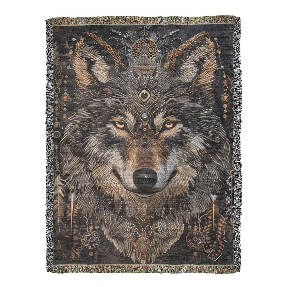 Boho Tribal Wolf Woven Blanket – Tribal Head Design in Earthy Tones | Mystical Boho Lodge Decor