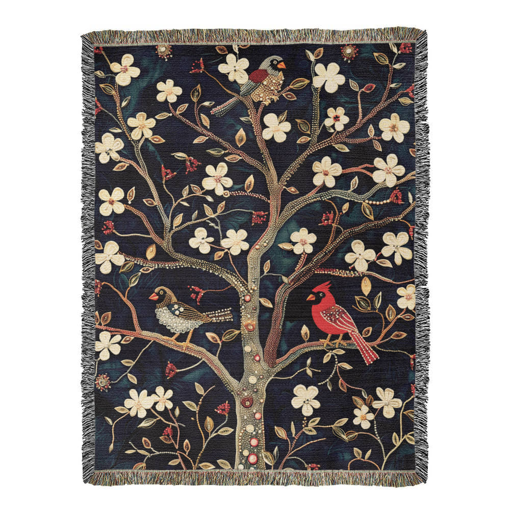 Blossom & Birds | Botanical Cardinal Woven Blanket for Cozy Boho Spaces