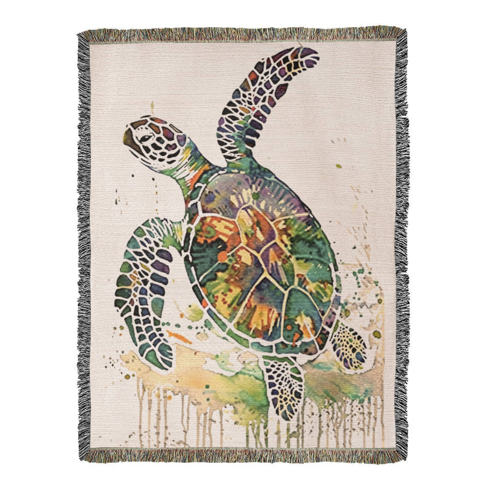 Coralwake Woven Blanket – Watercolor Sea Turtle in Motion