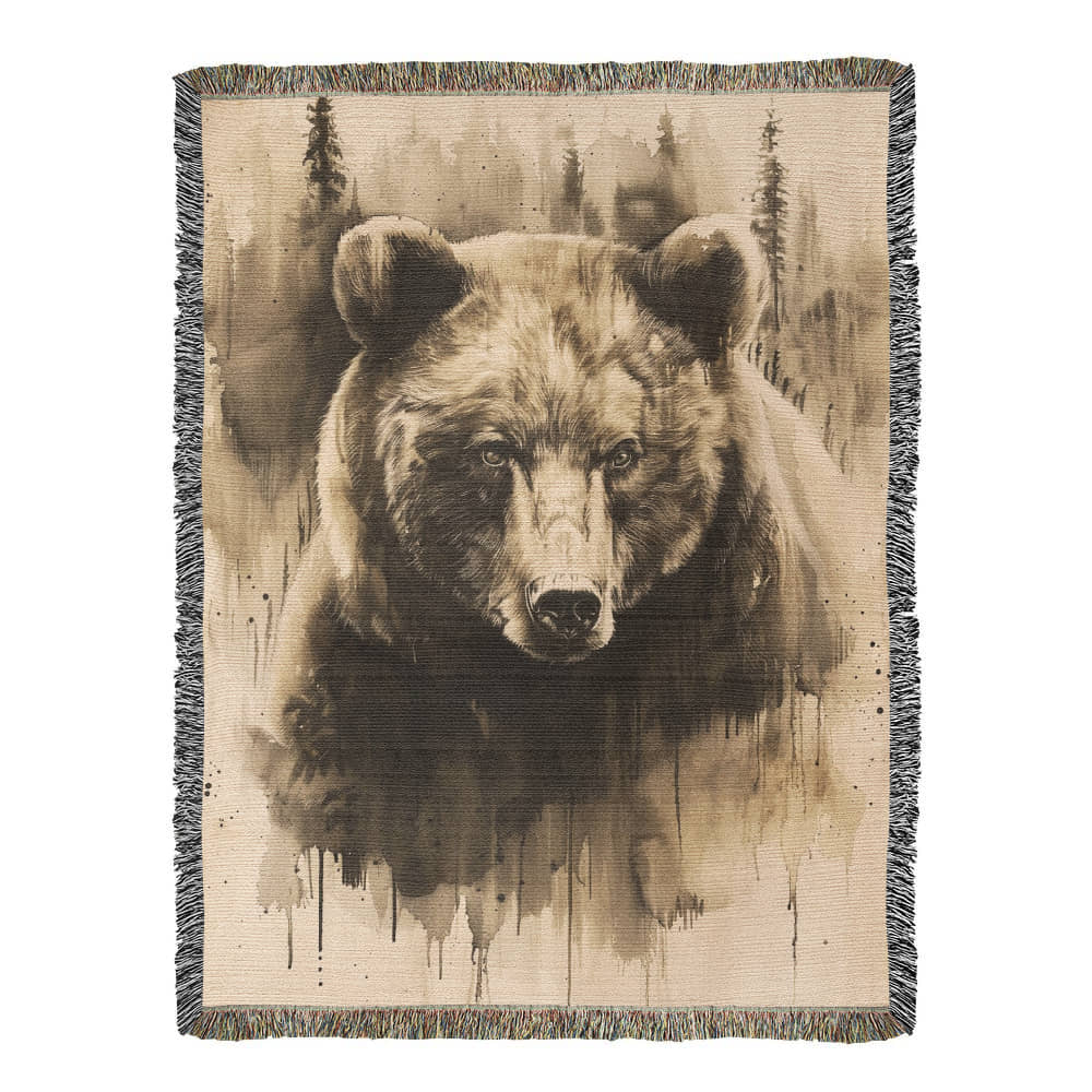 Forest Watcher Woven Blanket – Watercolor Bear in Woodland Mist