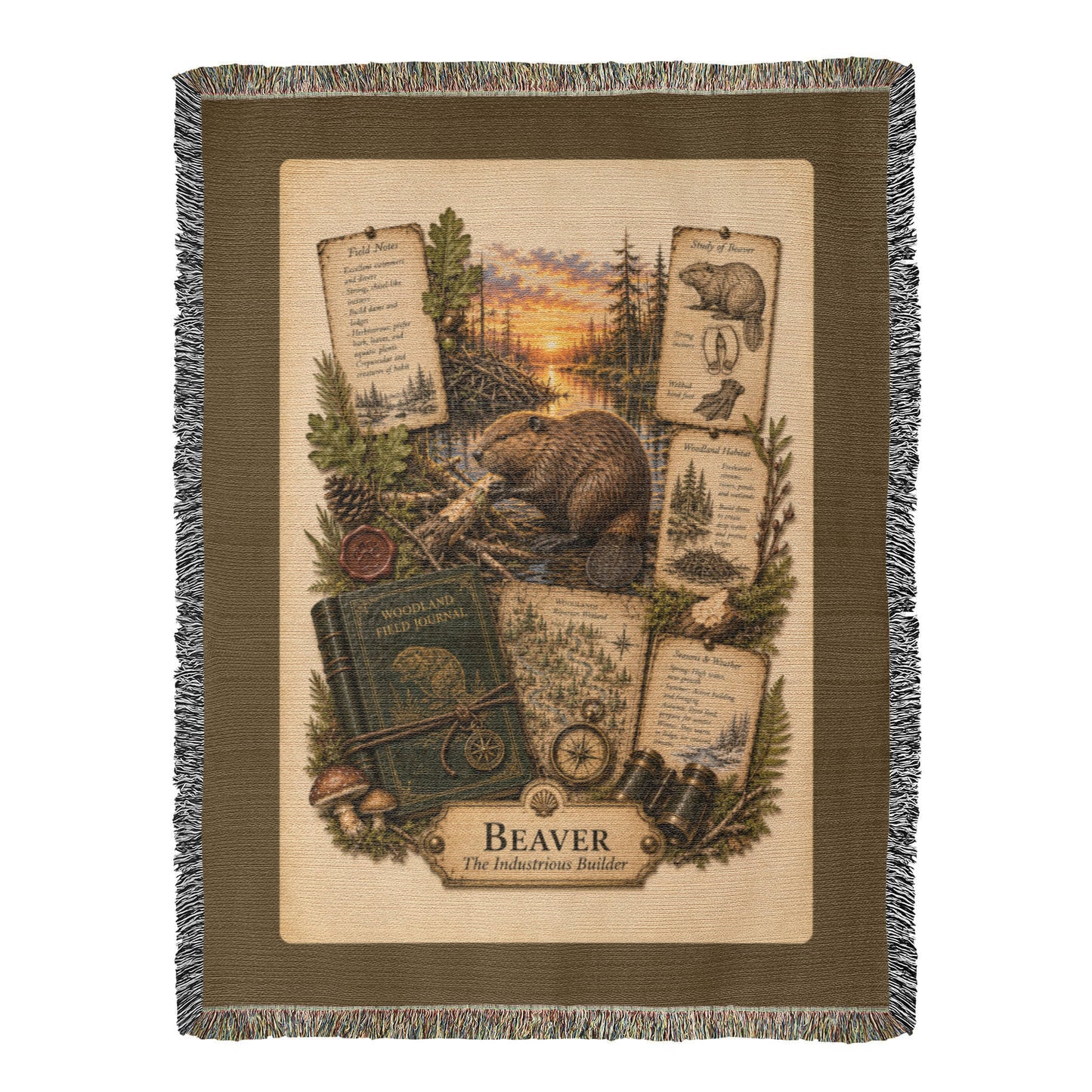 Beaver Woven Throw Blanket | Woodland Animal Decor | Cotton Tapestry Throw | Naturalist Journal Gift