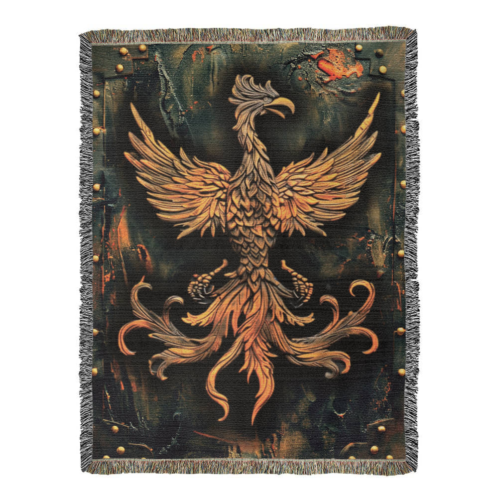 Emberborn Phoenix Blanket – Woven Mystical Firebird Emblem | Fantasy Artifact Decor by Lace & Grit