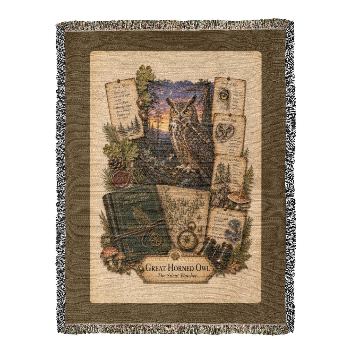 Great Horned Owl Woven Throw Blanket | Woodland Animal Decor | Cotton Tapestry Throw | Naturalist Journal Gift