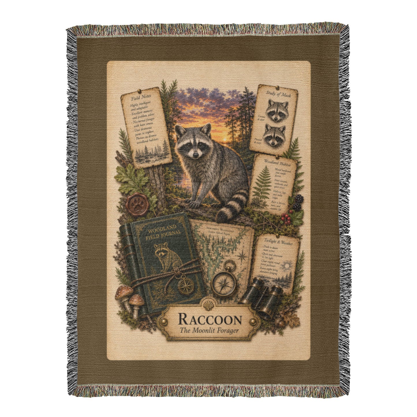 Raccoon Woven Throw Blanket | Woodland Animal Decor | Cotton Tapestry Throw | Naturalist Journal Gift