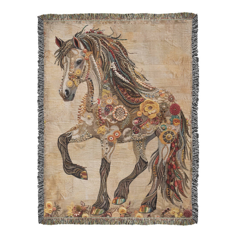 Beaded Spirit Horse Woven Blanket – Boho Western Home Decor