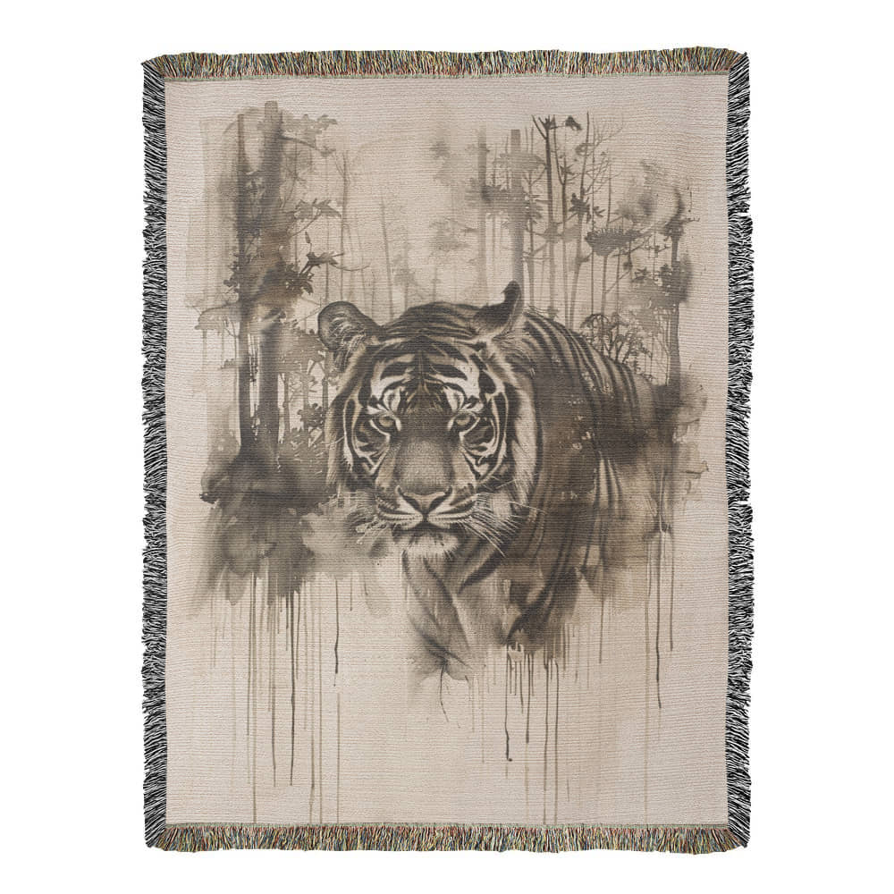 Silent Prowl Woven Blanket – Watercolor Tiger in Mist