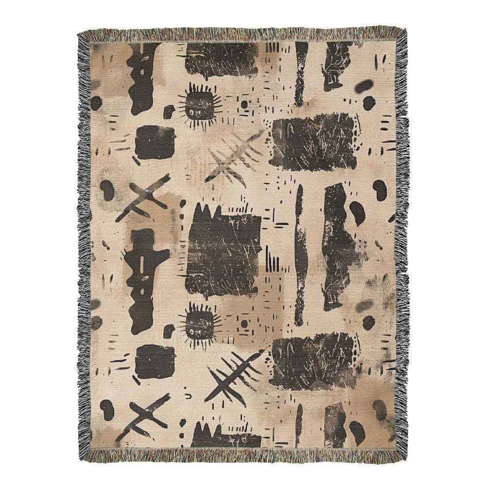 Nomad Script Woven Blanket – Primitive Abstract Boho Throw