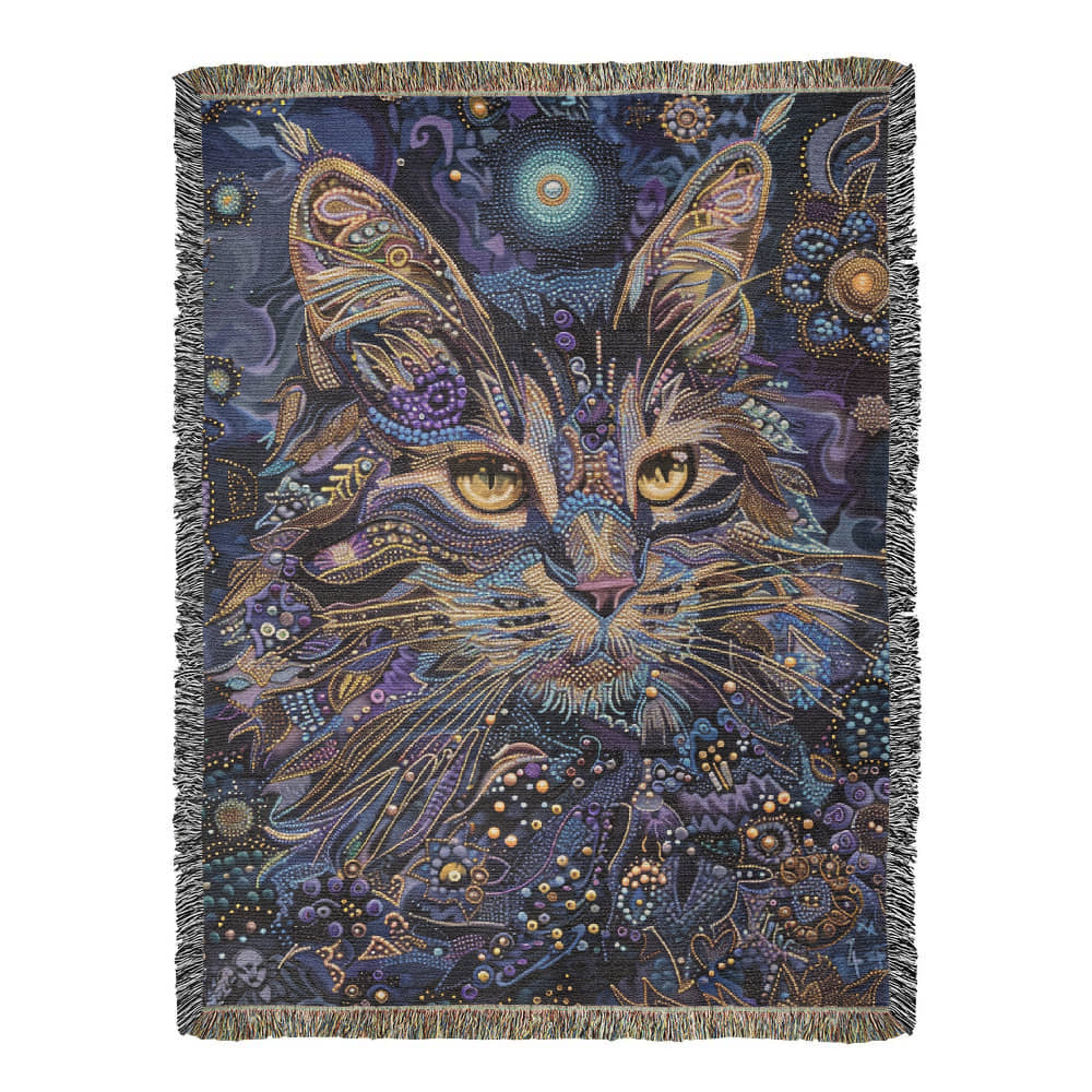 Celestial Cat Blanket – Mystical Beaded Design in Deep Indigo & Gold | Boho Spirit Animal Throw