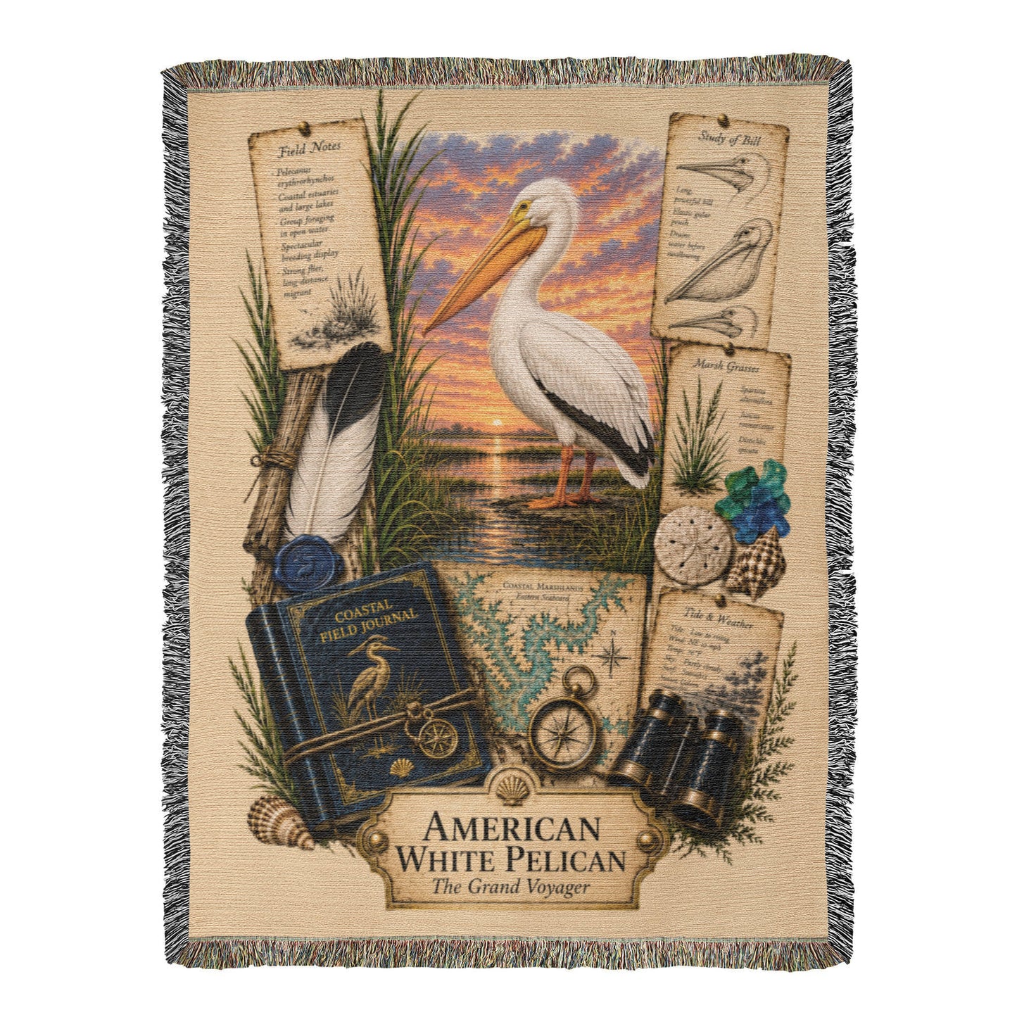 American White Pelican Woven Throw Blanket | Coastal Bird Decor | Cotton Tapestry Throw | Naturalist Journal Gift