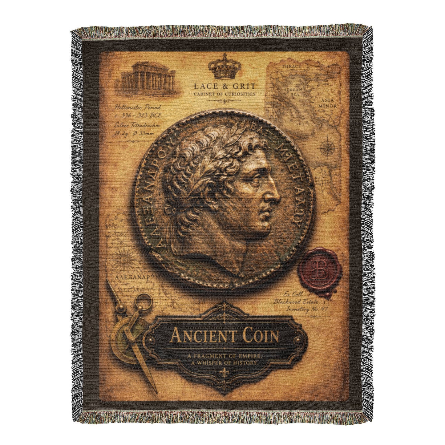 Ancient Coin Woven Throw Blanket | Cabinet of Curiosities Decor | Cotton Tapestry | Archaeology History Gift