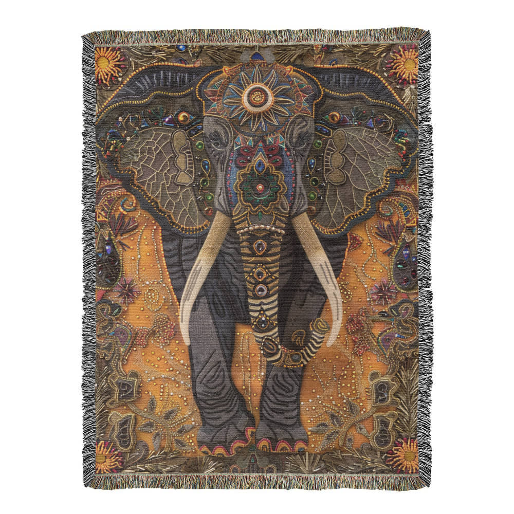 Boho Elephant Woven Blanket – Beaded-Inspired Tapestry with Tribal Floral Accents