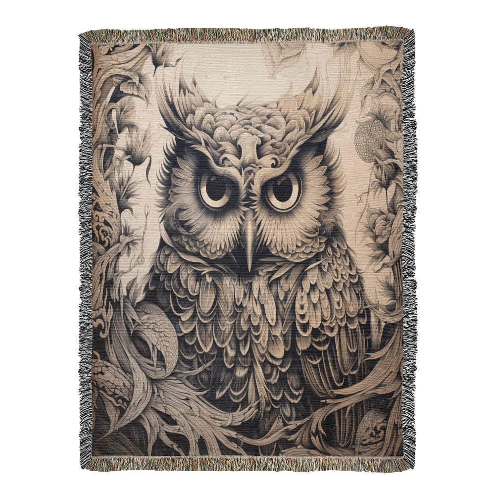 Mystical Owl Woven Blanket – Boho Wildlife Tapestry Throw | Intricate Nature-Inspired Decor
