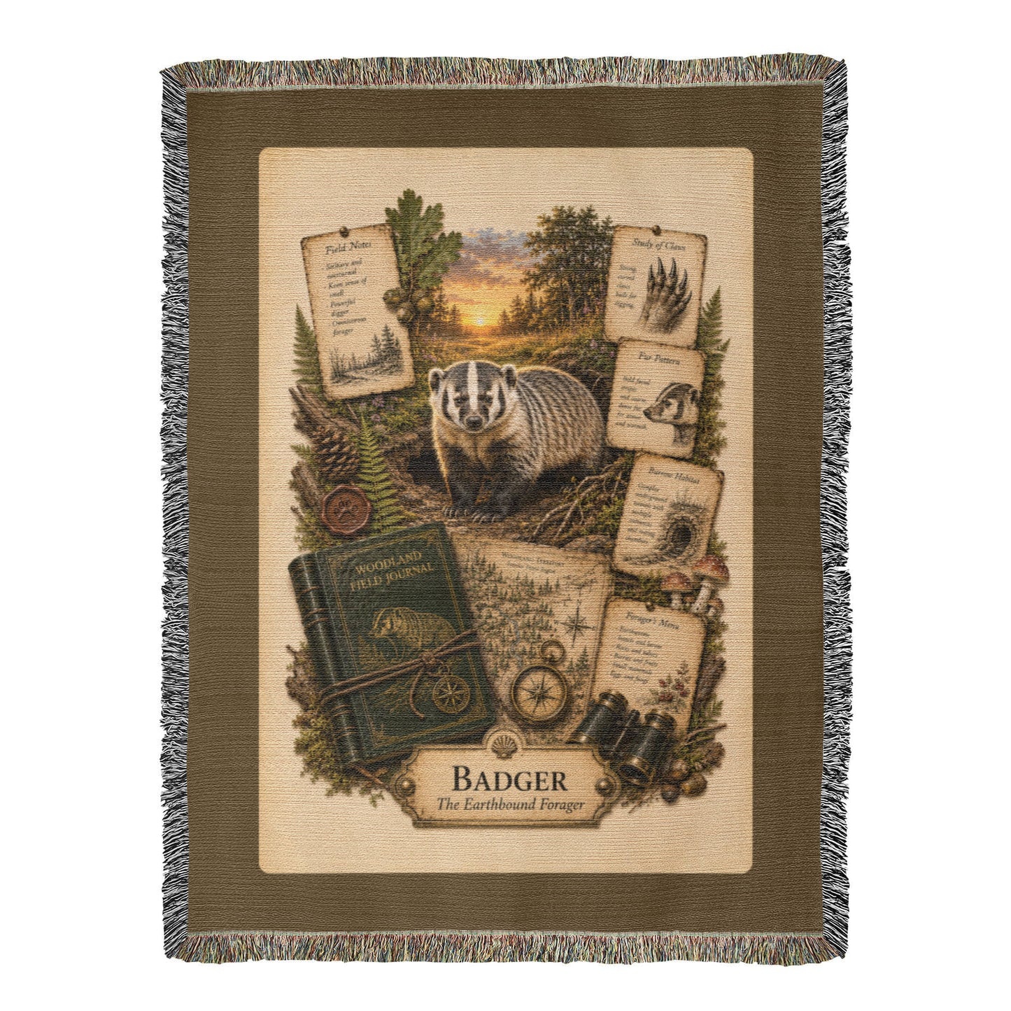 Badger Woven Throw Blanket | Woodland Animal Decor | Cotton Tapestry Throw | Naturalist Journal Gift