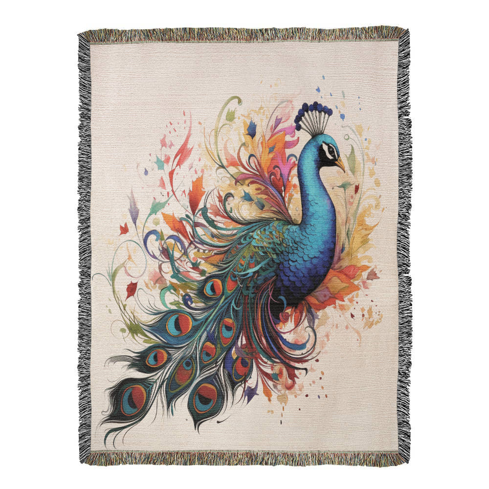 Plumefire Woven Blanket – Watercolor Peacock in Full Display