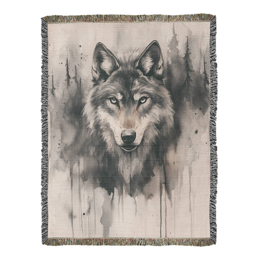 Lone Wolf Woven Blanket – Watercolor Wildlife Throw | Rustic Boho Cabin Decor