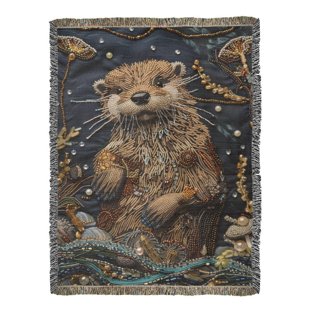 Boho River Otter Blanket – Beaded Look Textile Art in Deep Earth Tones | Boho Nature Lover Gift