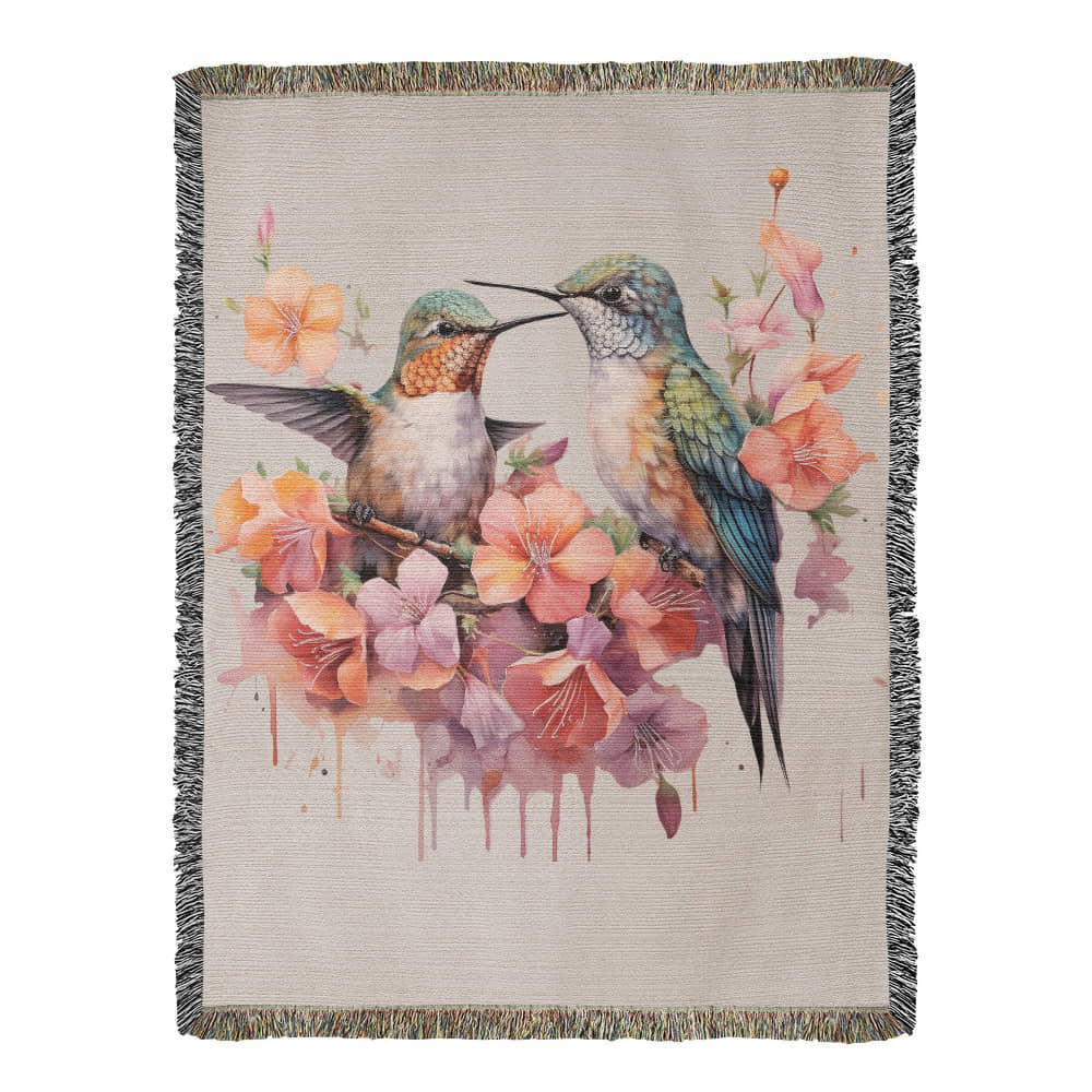 Skykiss Woven Blanket – Watercolor Hummingbirds in Bloom