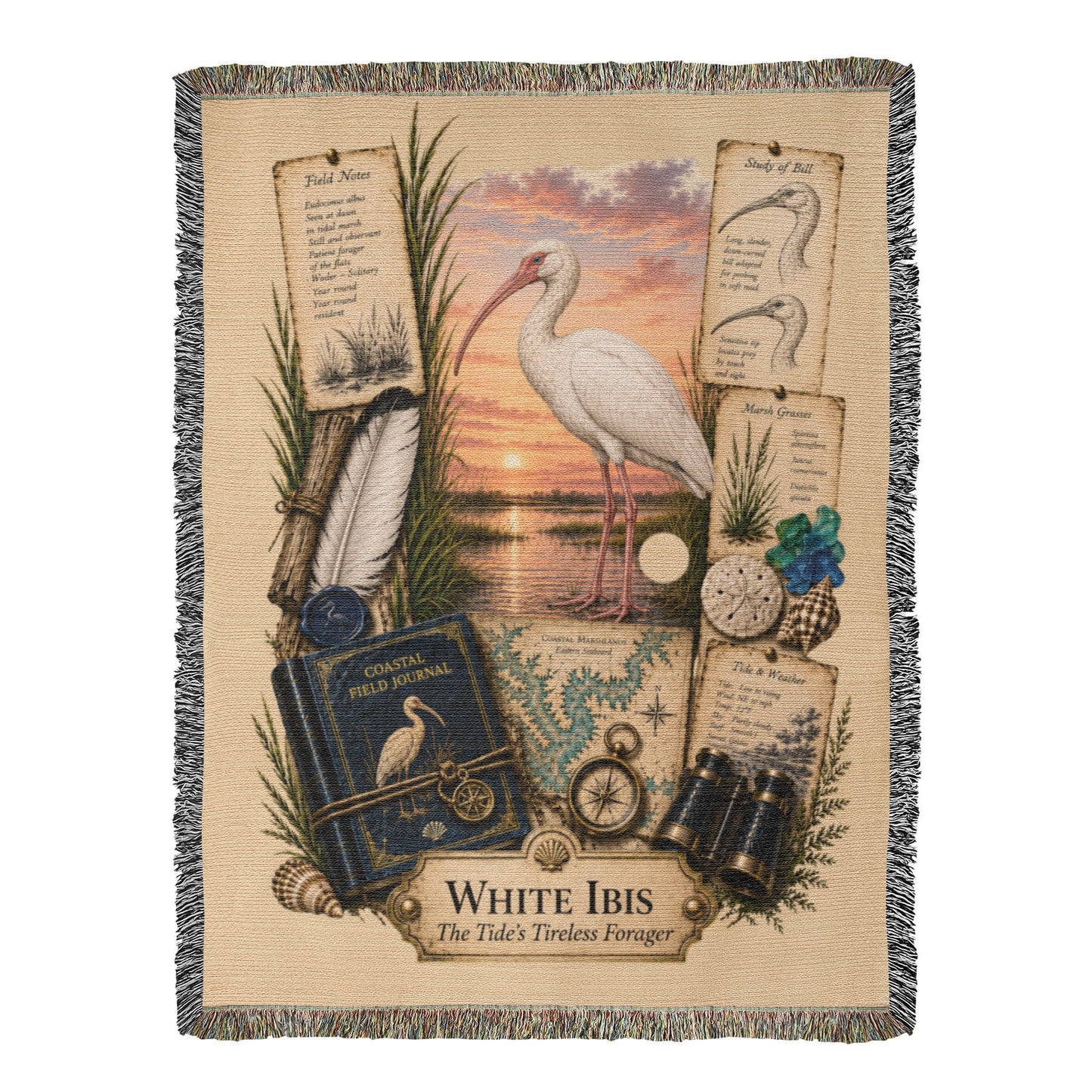 White Ibis Woven Throw Blanket | Coastal Bird Decor | Cotton Tapestry Throw | Naturalist Journal Gift