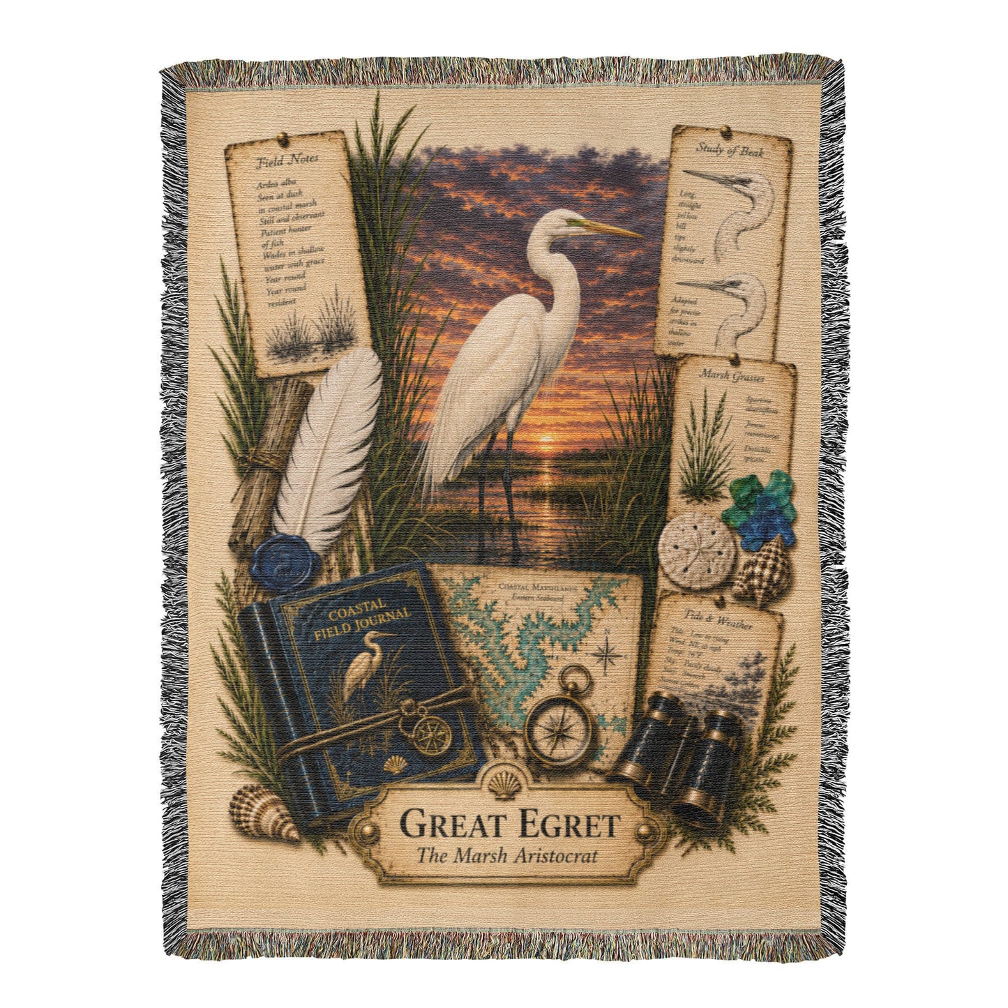Great Egret Woven Throw Blanket | Coastal Bird Decor | Cotton Tapestry Throw | Naturalist Journal Gift