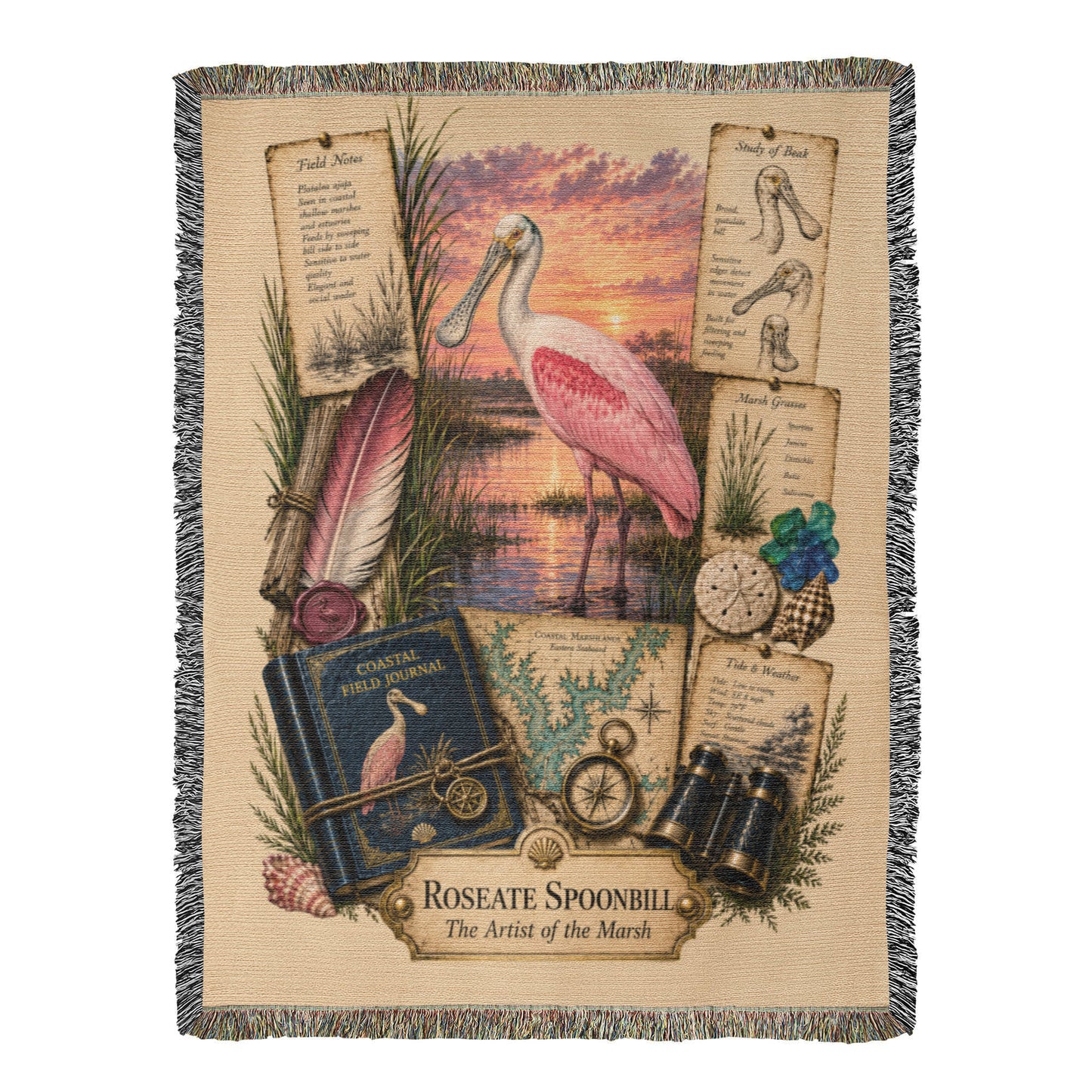 Roseate Spoonbill Woven Throw Blanket | Coastal Bird Decor | Cotton Tapestry Throw | Naturalist Journal Gift