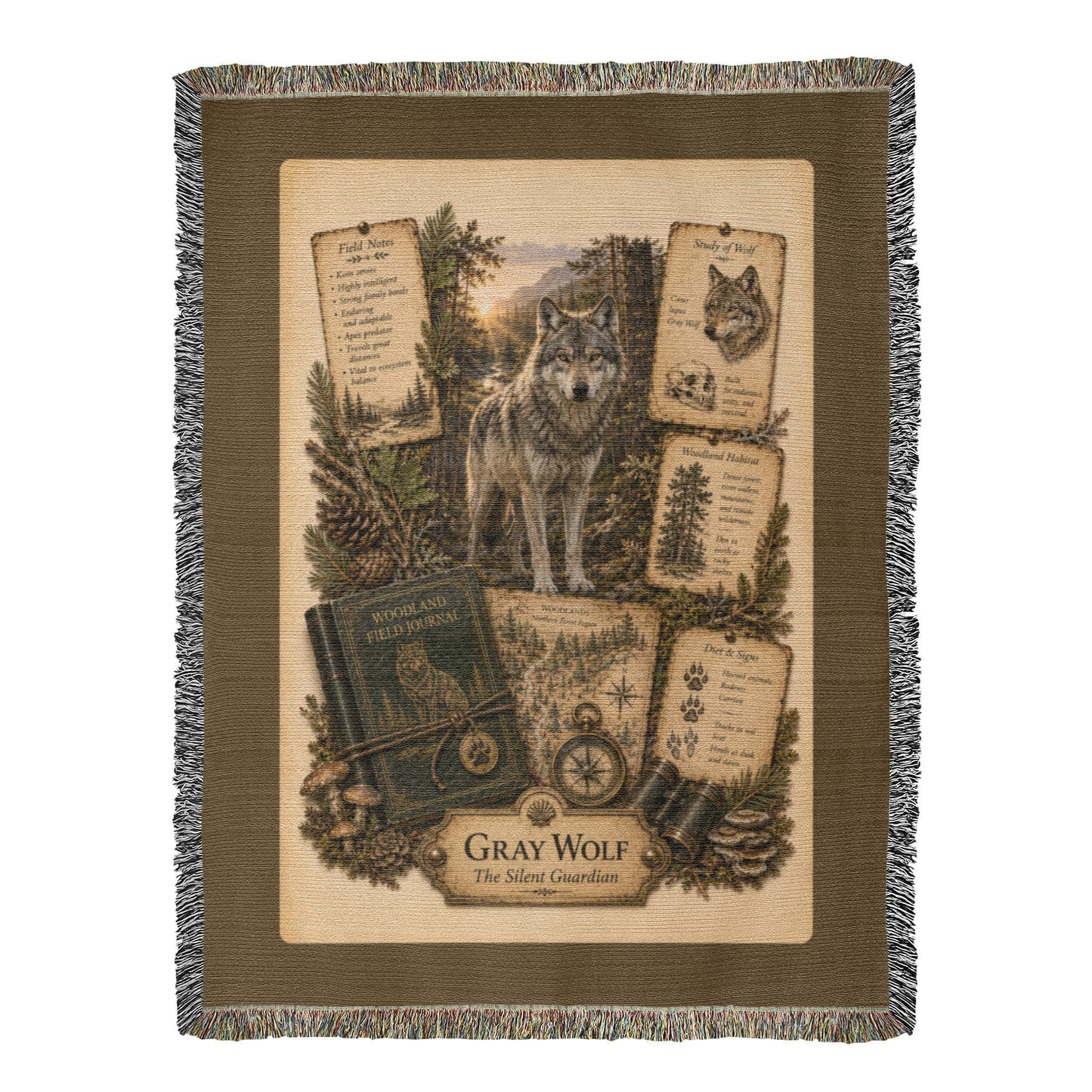 Gray Wolf Woven Throw Blanket | Woodland Animal Decor | Cotton Tapestry Throw | Naturalist Journal Gift