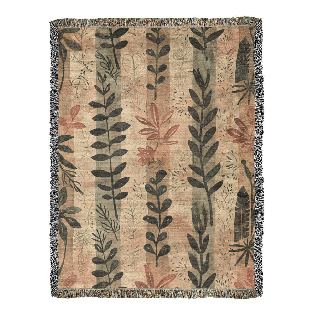 Whispering Leaves Woven Blanket – Boho Botanical Nature Throw