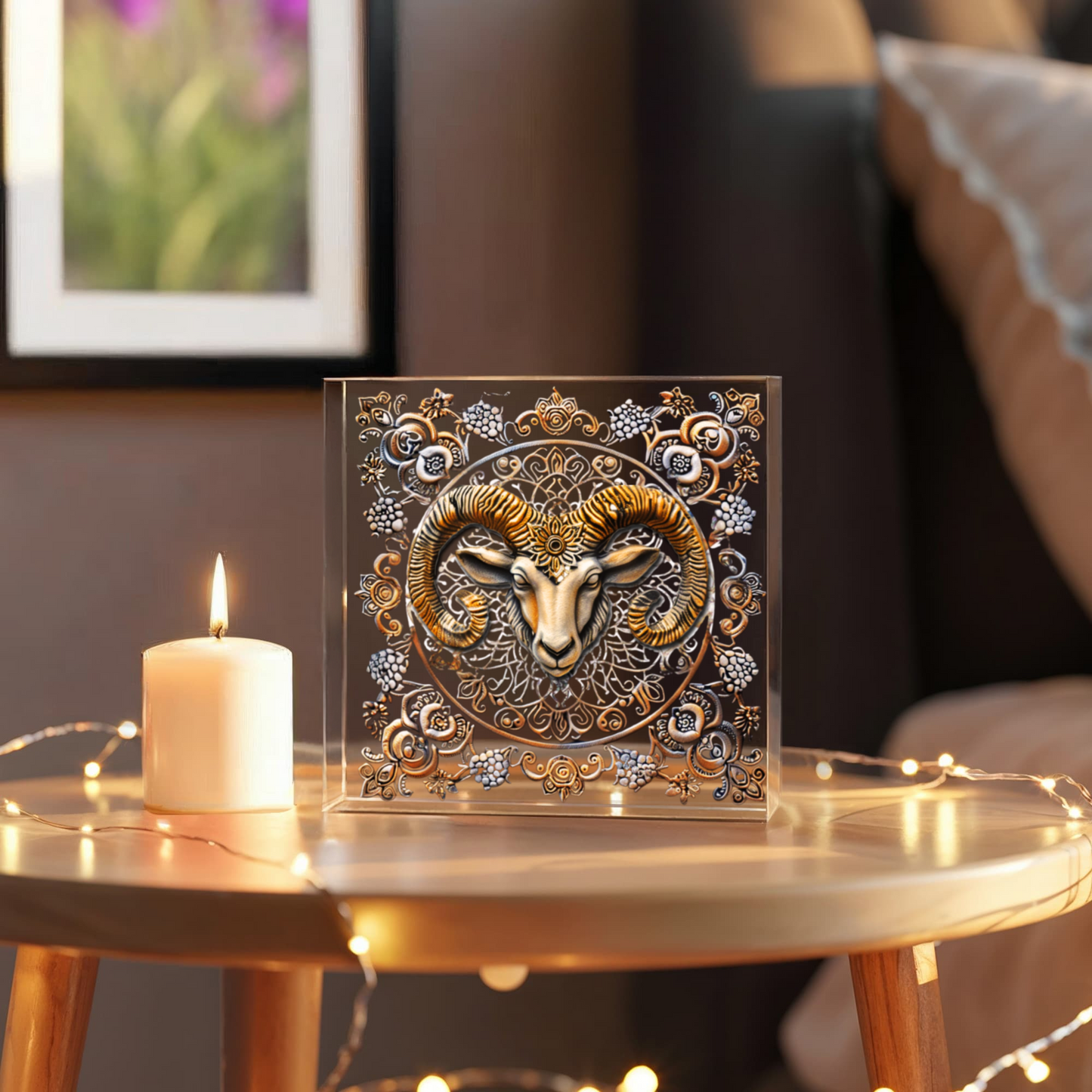 Aries Zodiac Art Block – Ram Symbol with Metallic Look | Boho Celestial Home Décor | Aries Gift for Astrology Lovers