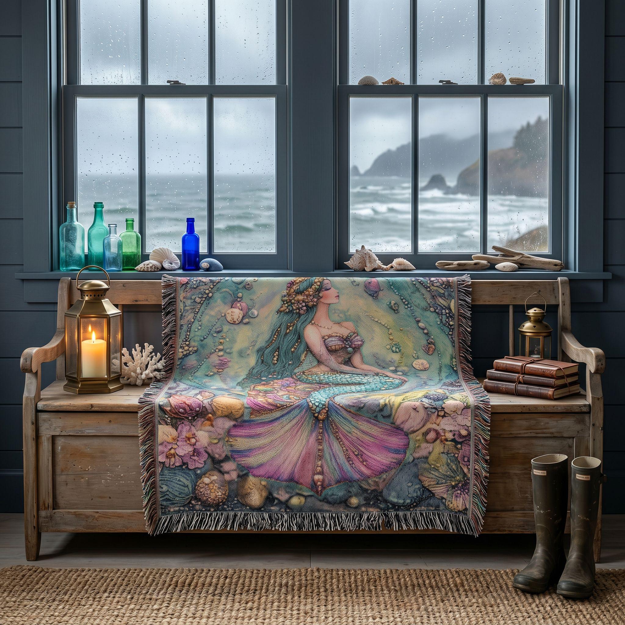 Beaded Look Mermaid Woven Blanket | Coastal Cottage Vintage Fantasy Decor