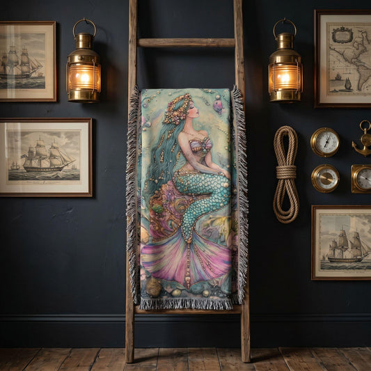 Beaded Look Mermaid Woven Blanket | Coastal Cottage Vintage Fantasy Decor