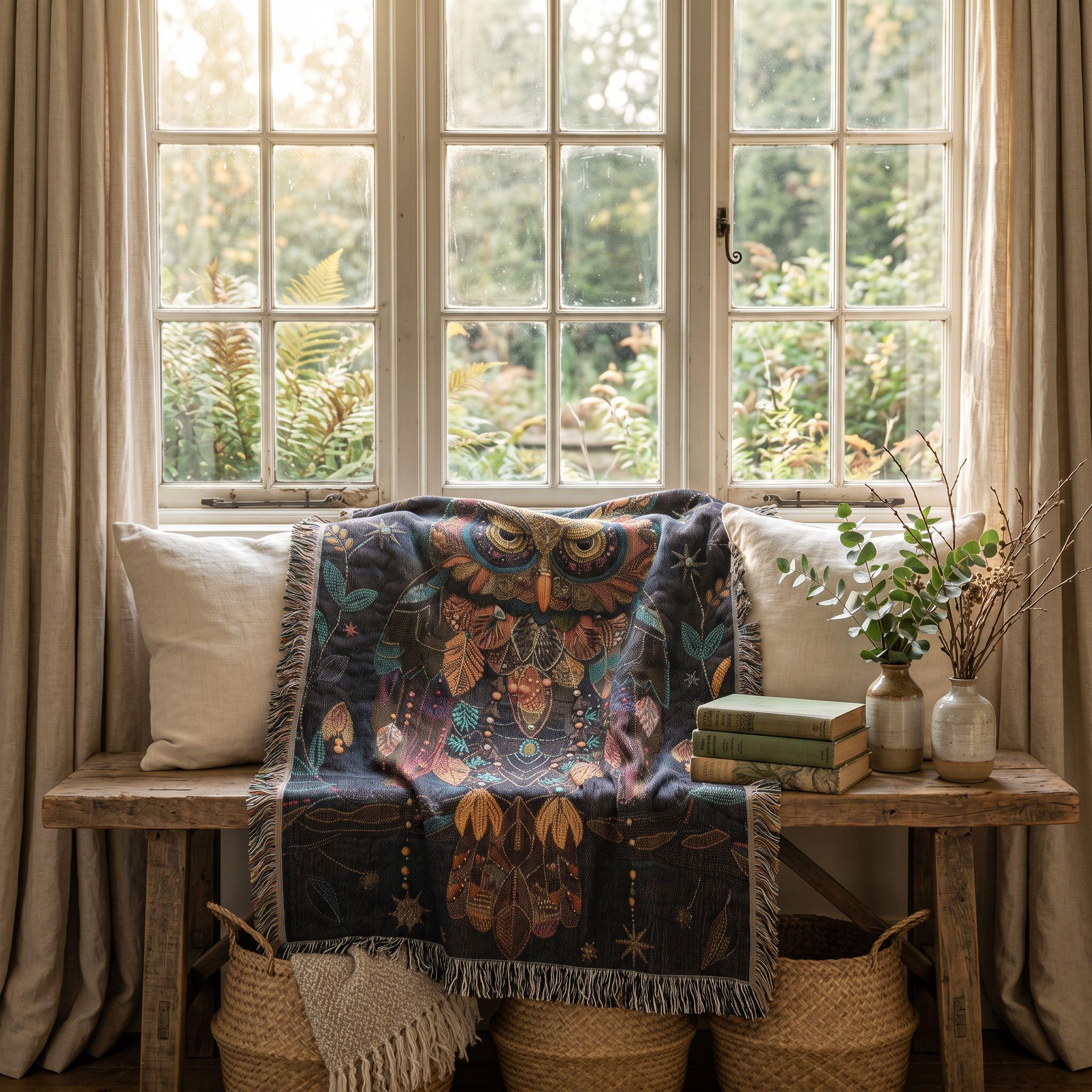 Cozy Celestial Owl Woven Blanket | Whimsical Woodland Throw
