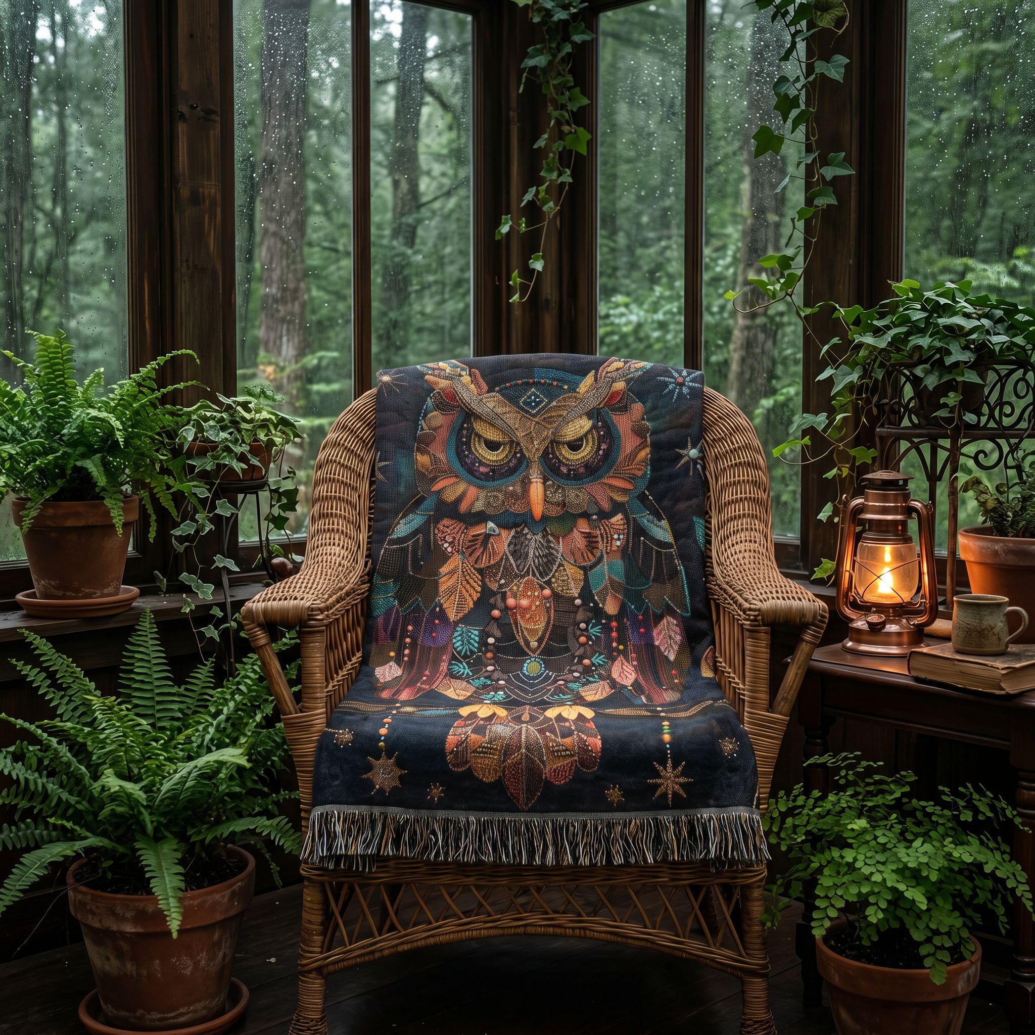 Cozy Celestial Owl Woven Blanket | Whimsical Woodland Throw