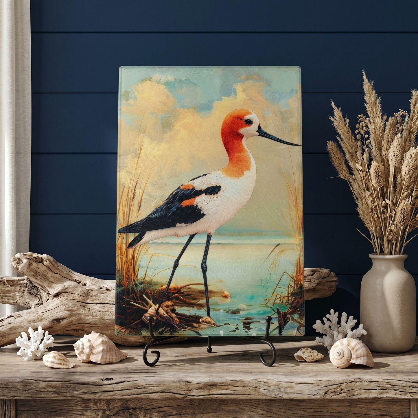 American Avocet Coastal Art Glass Board, Coastal Kitchen Decor, Charcuterie & Serving Tray
