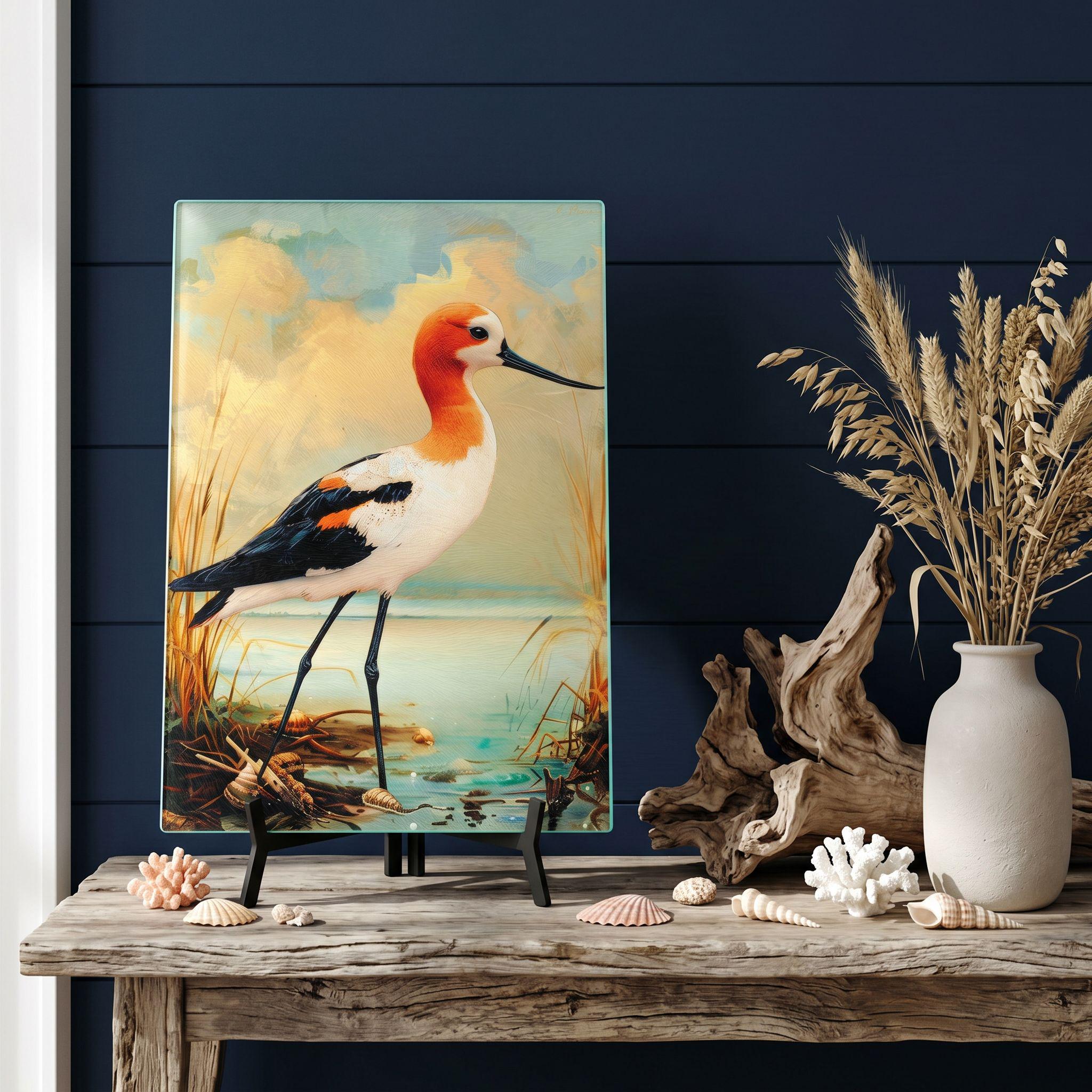 American Avocet Coastal Art Glass Board, Coastal Kitchen Decor, Charcuterie & Serving Tray