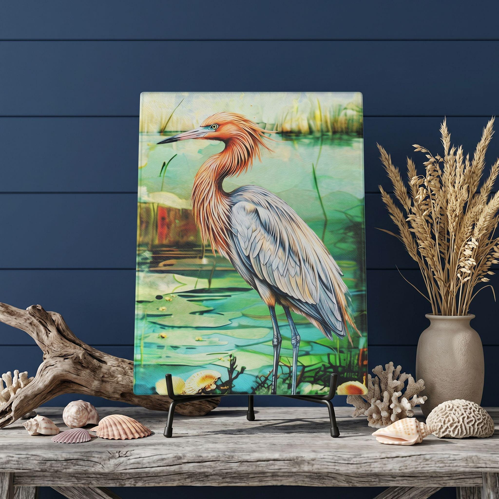 Reddish Egret Coastal Art Glass Board, Coastal Kitchen Decor, Charcuterie & Serving Tray