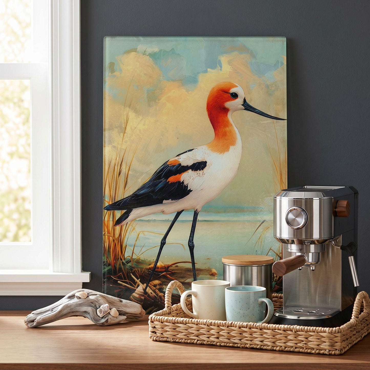 American Avocet Coastal Art Glass Board, Coastal Kitchen Decor, Charcuterie & Serving Tray