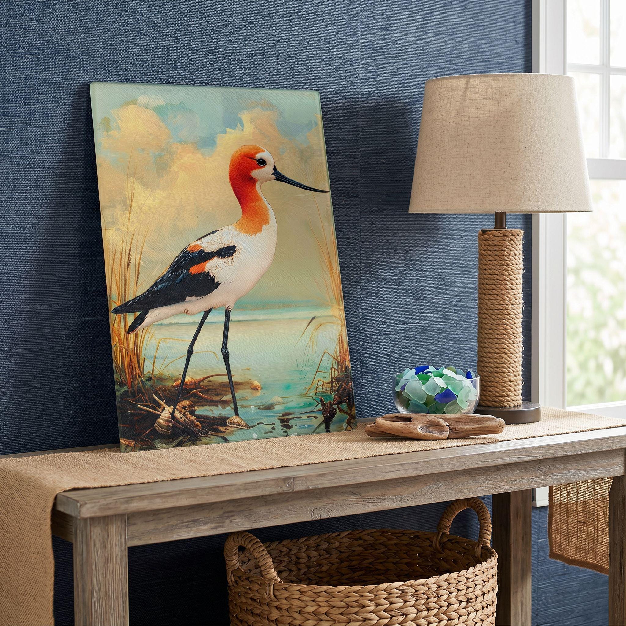 American Avocet Coastal Art Glass Board, Coastal Kitchen Decor, Charcuterie & Serving Tray