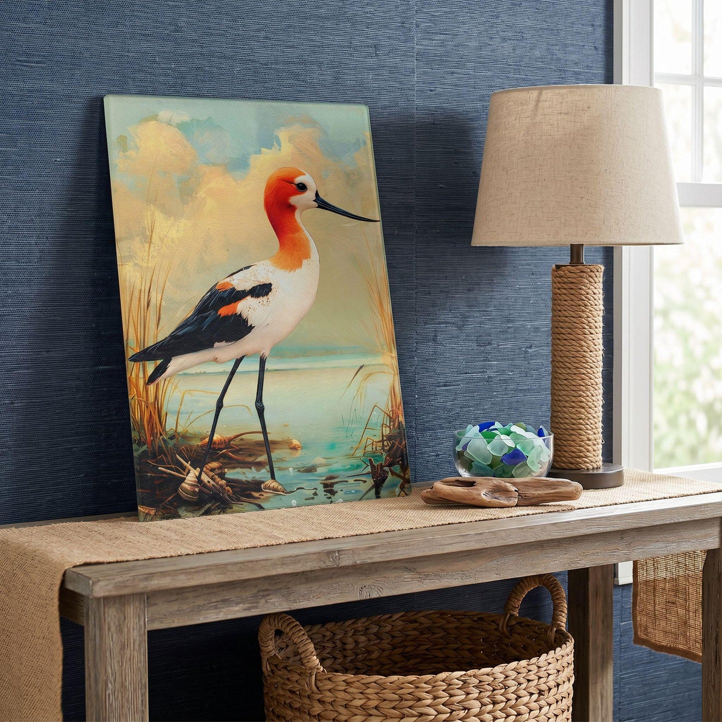 American Avocet Coastal Art Glass Board, Coastal Kitchen Decor, Charcuterie & Serving Tray