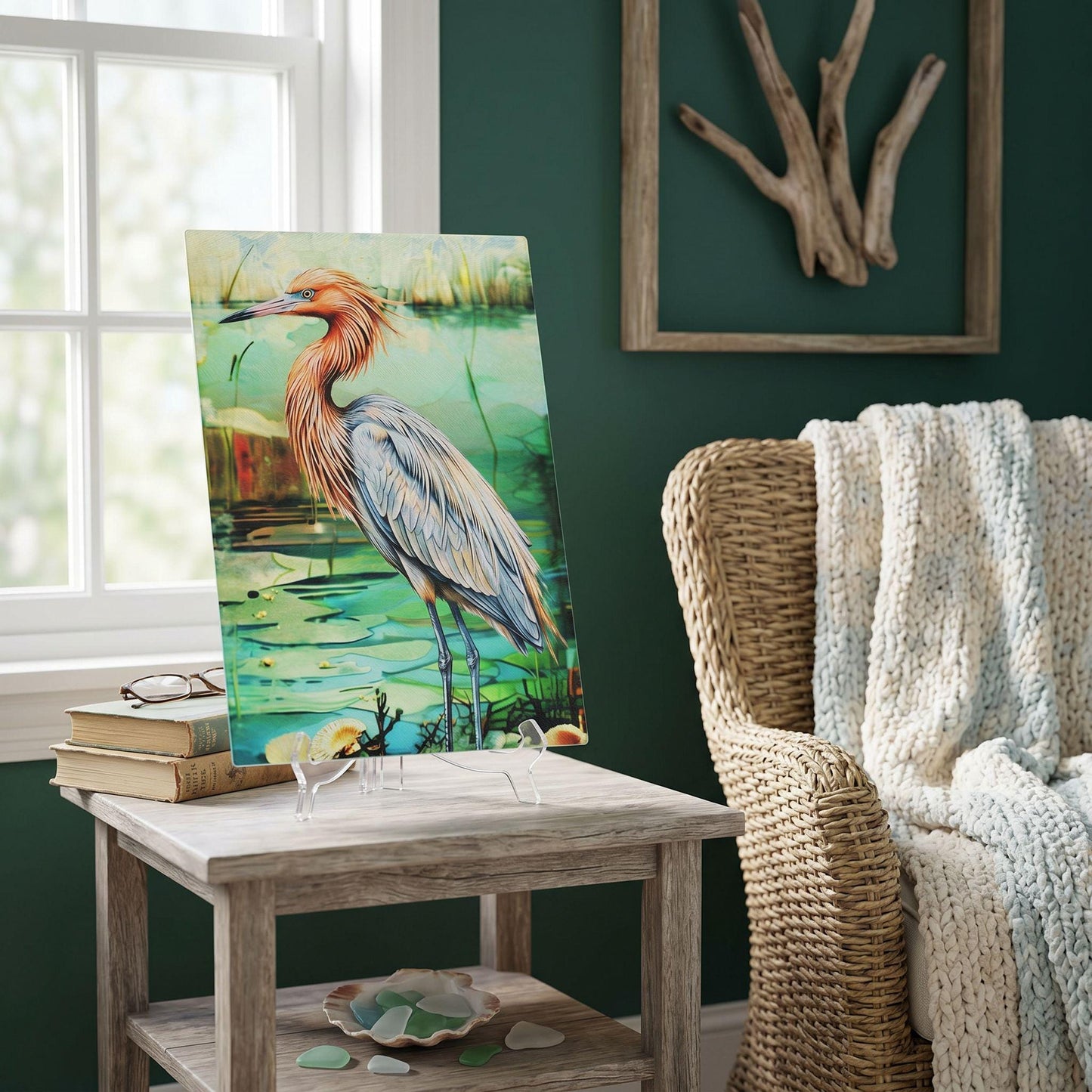 Reddish Egret Coastal Art Glass Board, Coastal Kitchen Decor, Charcuterie & Serving Tray